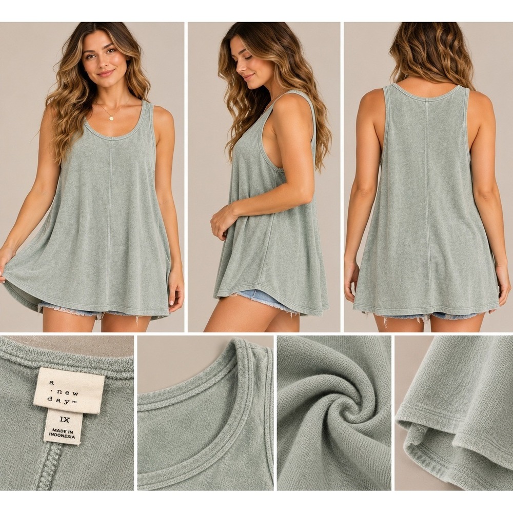 A New Day Tank Top Women 1X Green Excellent Coastal Athleisure Terry Cloth Swing